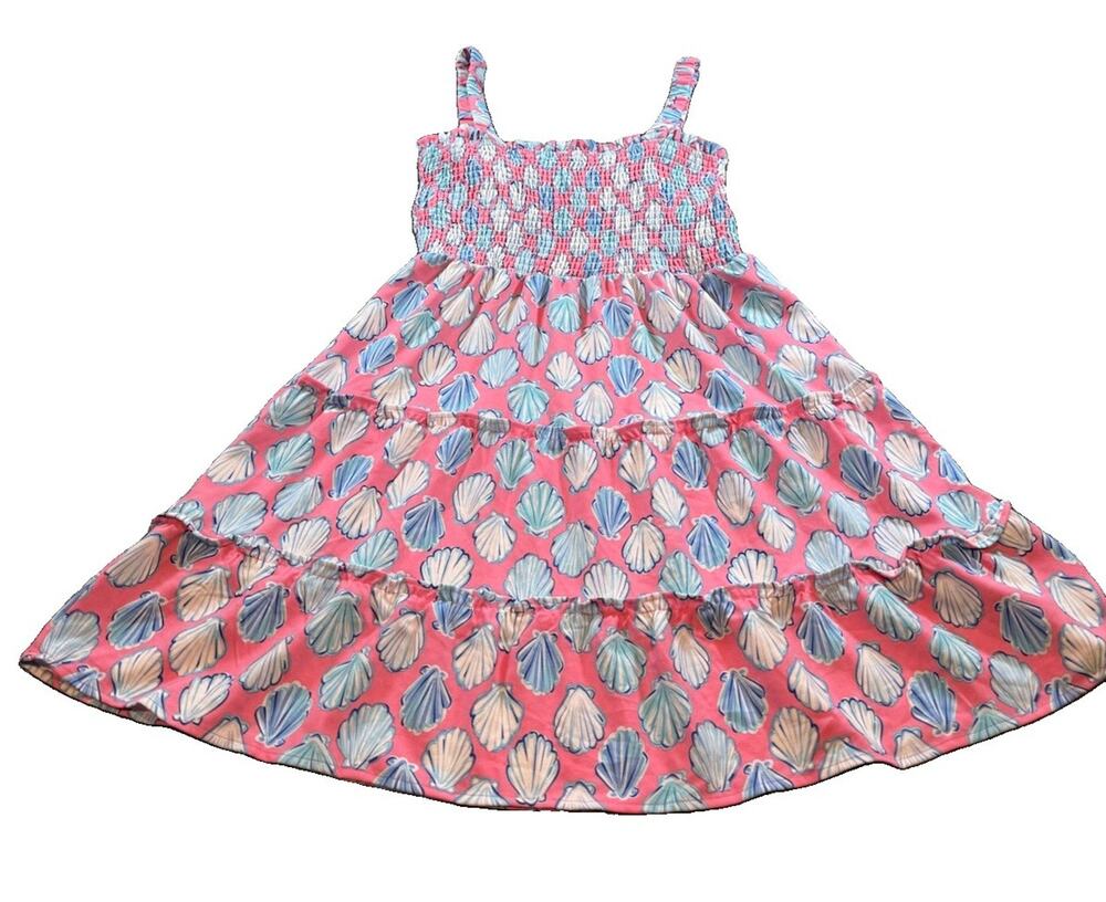 Simply Southern Seashell Smocked Tiered Sundress Women’s Large Pink Blue Coastal